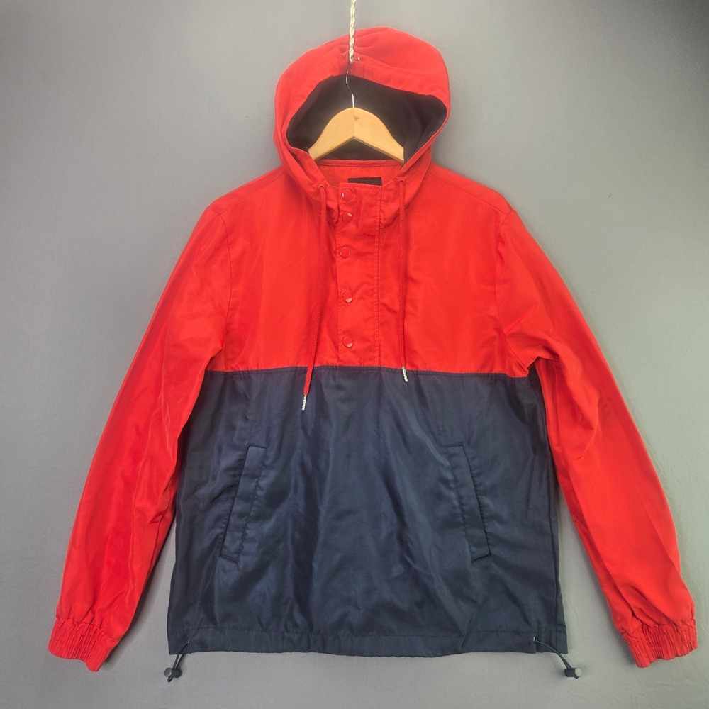 Forever 21 Men Anorak Jacket Colorblock Small Red Navy Hooded Windbreaker 3157